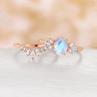 Oval Moonstone Vintage Cluster Engagement Ring Set Rose Gold