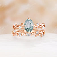 Lab Emerald Oval Cut Rose Gold Engagement Ring Set Nature Inspired Branch Band