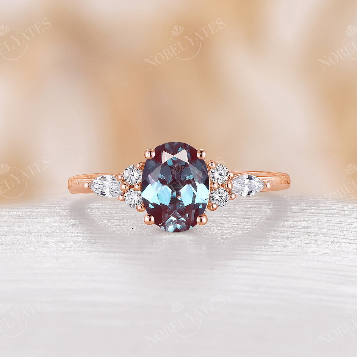 Oval Moss Agate Rose Gold Cluster Engagement Ring Round Moissanite Ring