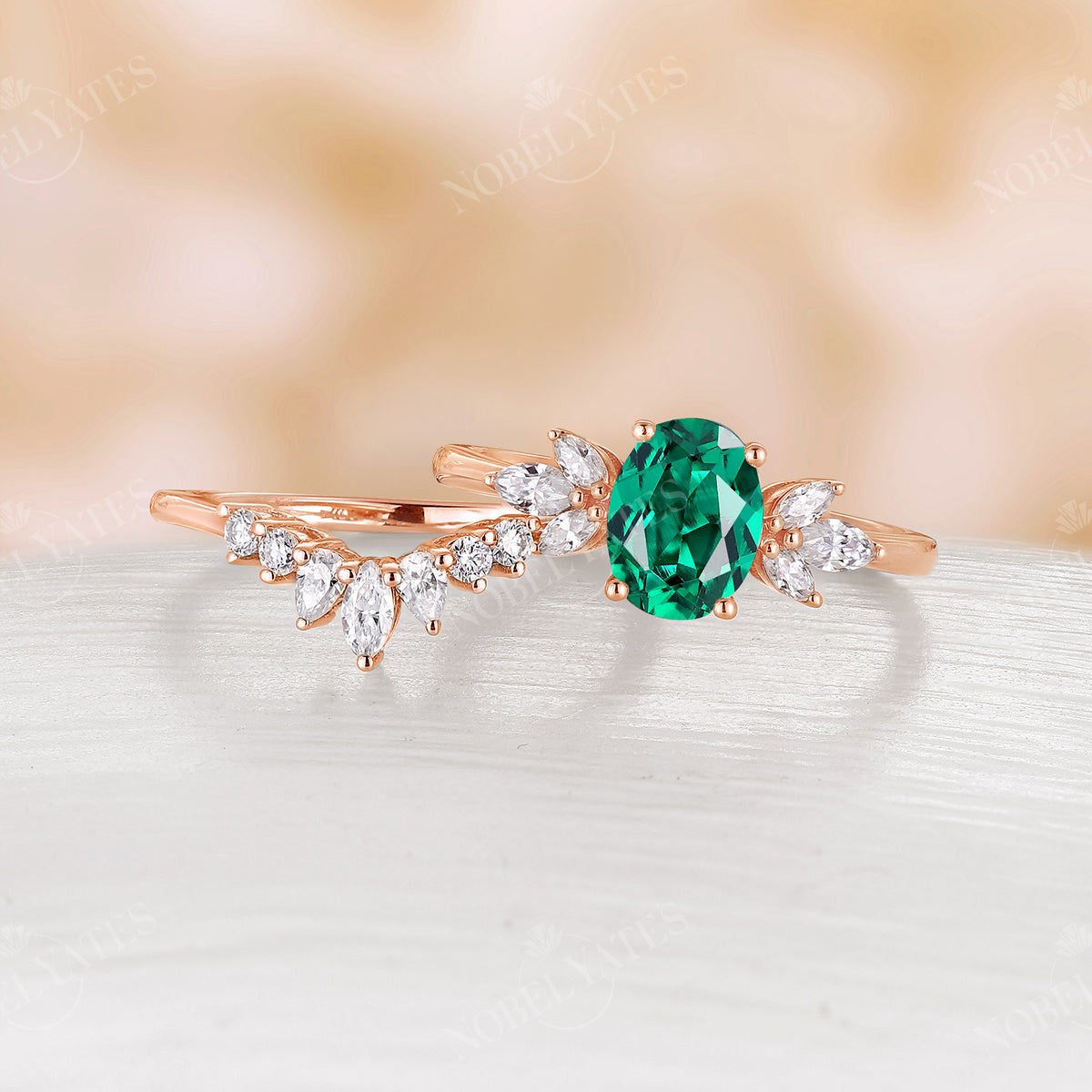 Lab Emerald Oval Shape Bridal Set Moissanite Curved Band