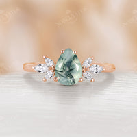 Pear Moss Agate Cluster Engagement Ring Rose Gold