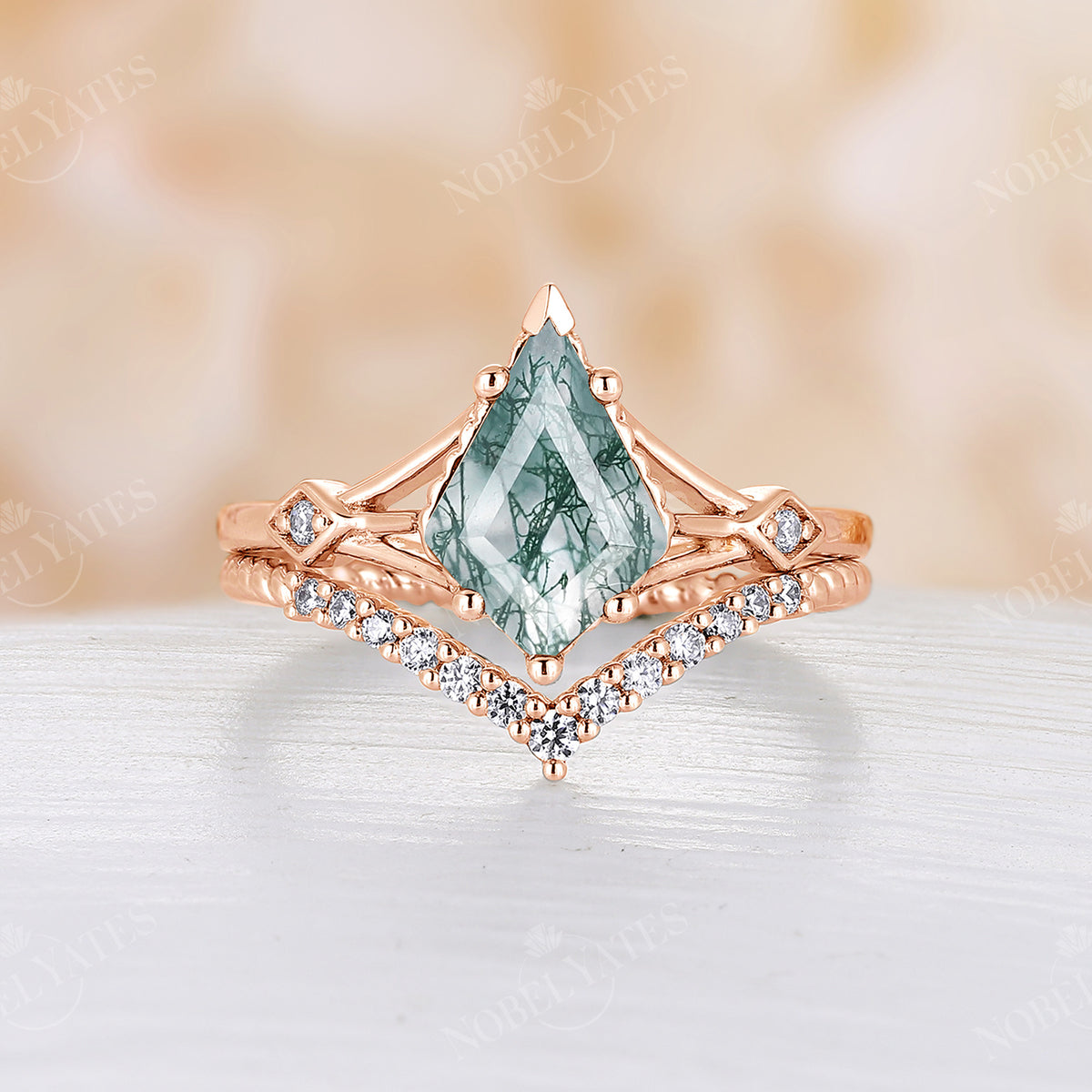 Vintage Kite Cut Moss Agate Rose Gold Engagement Ring Set