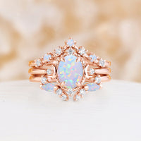 Natural White Opal 3PC Bridal Set Yellow Gold Moon Ring