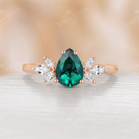 Pear Lab Emerald Engagement Ring Moissanite Cluster Yellow Gold
