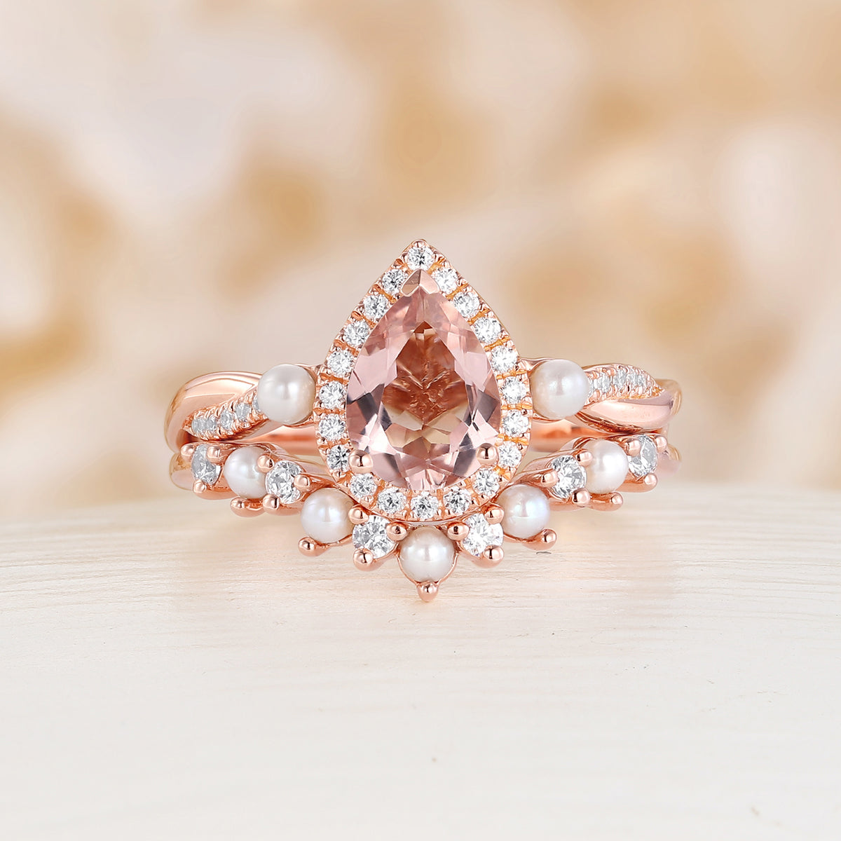 Orange Pink Morganite Engagement Ring Set Pearl Matching Band