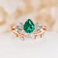 Leaves Pear Lab Emerald Nature Engagement Ring Set Yellow Gold