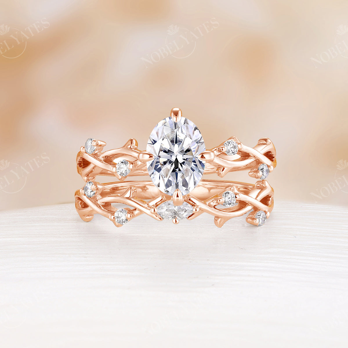 Yellow Gold Oval Shape Moissanite Engagement Ring Set Twig Design Band