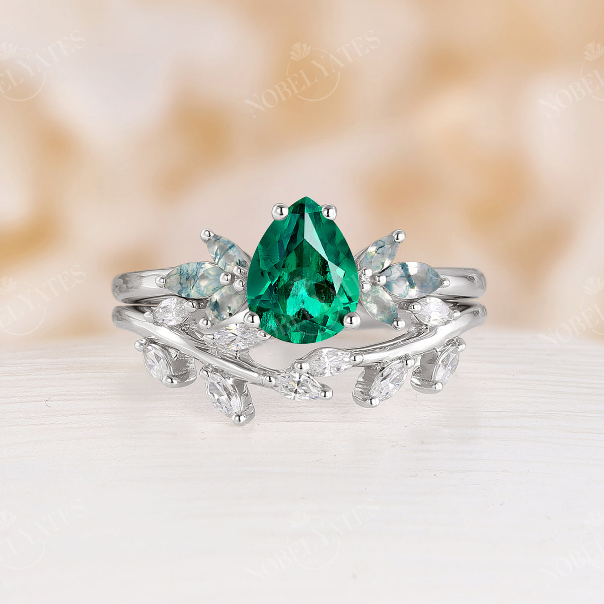 Leaves Pear Lab Emerald Nature Engagement Ring Set Yellow Gold