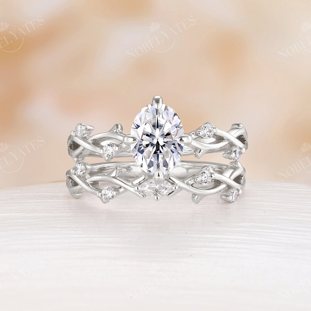 Yellow Gold Oval Shape Moissanite Engagement Ring Set Twig Design Band