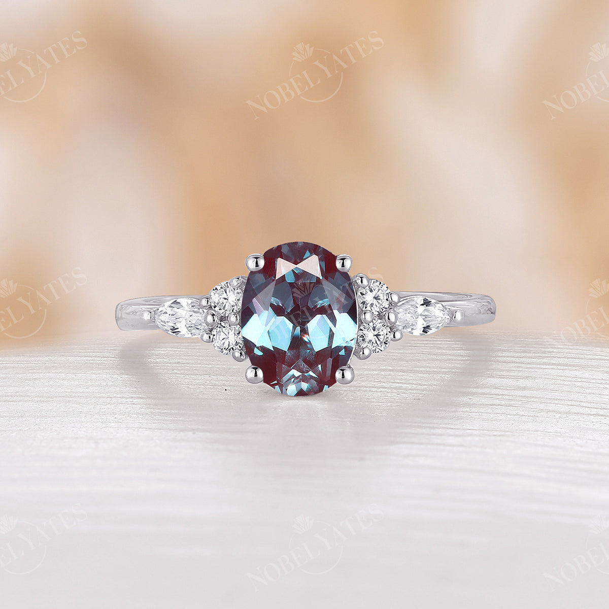 Oval Lab Alexandrite Engagement Ring Rose Gold Side Stone