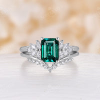 Lab Emerald & Moissanite Cluster Engagement Ring Set Rose Gold