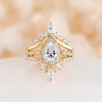 Vintage Pear Moissanite Rose Gold Halo & Milgrain Engagement Ring Set