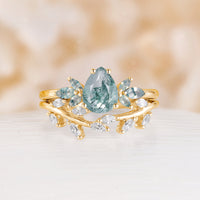 Leaves Pear Lab Emerald Nature Engagement Ring Set Yellow Gold