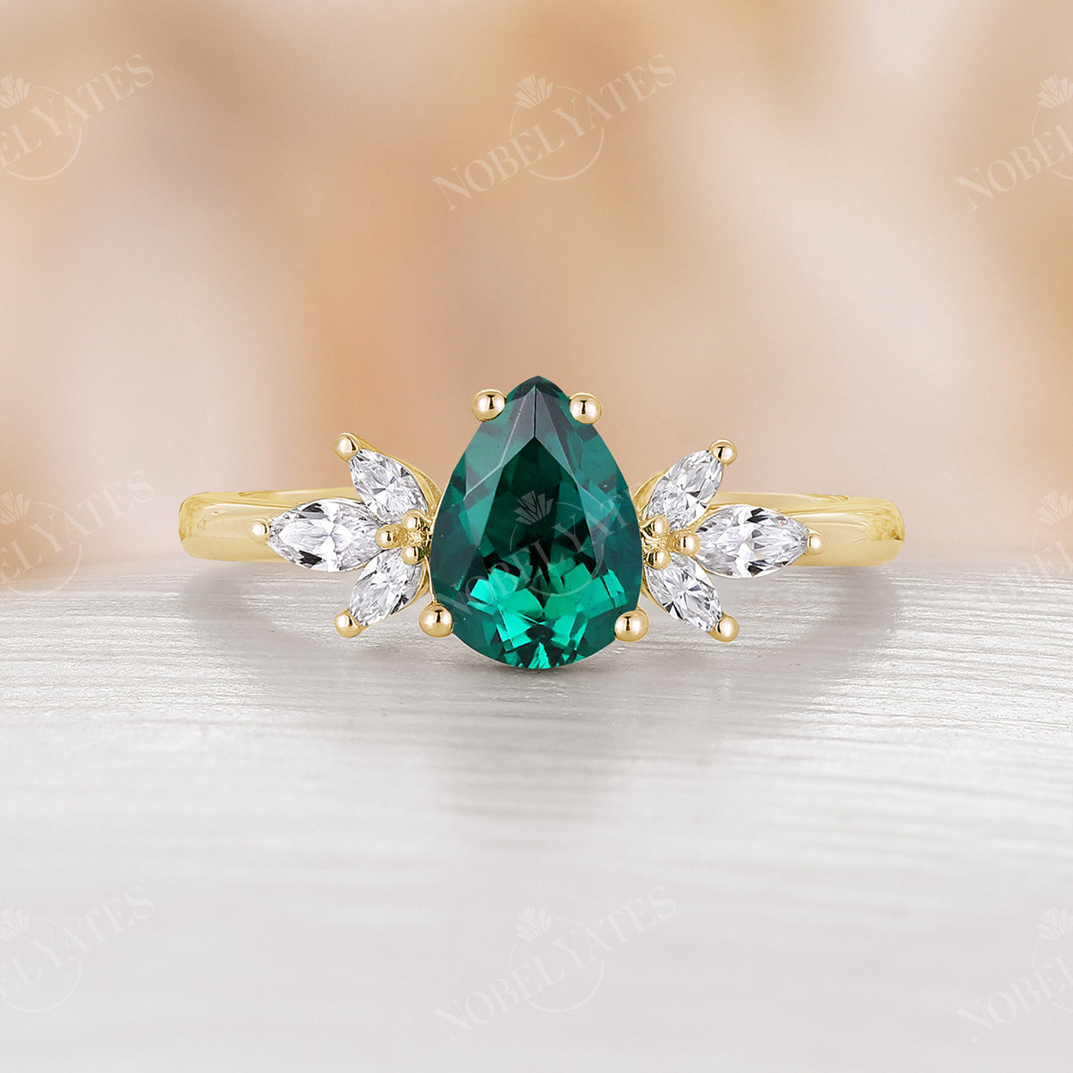 Pear Lab Emerald Engagement Ring Moissanite Cluster Yellow Gold