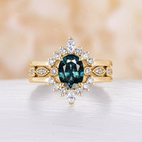 Vintage Oval Teal Sapphire Bridal Set Rose Gold Ring Enhancer Milgrain