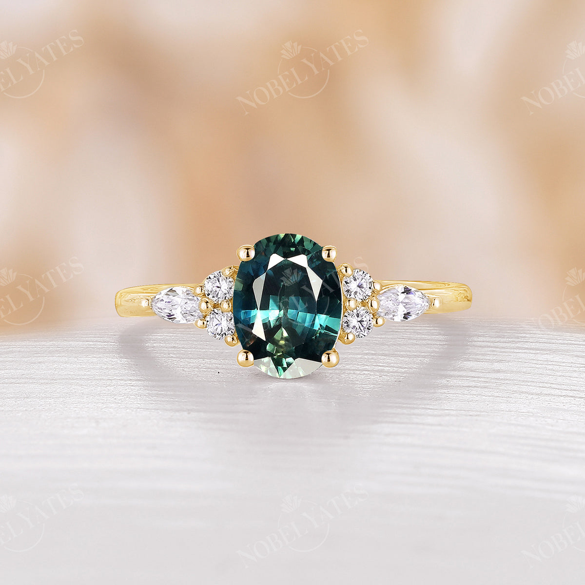 Blue Green Sapphire Oval Cut Engagement Ring Cluster Side Stone