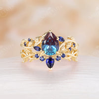 Lab Alexandrite Leaf & Branch Design Engagement Ring Set Pear Shape