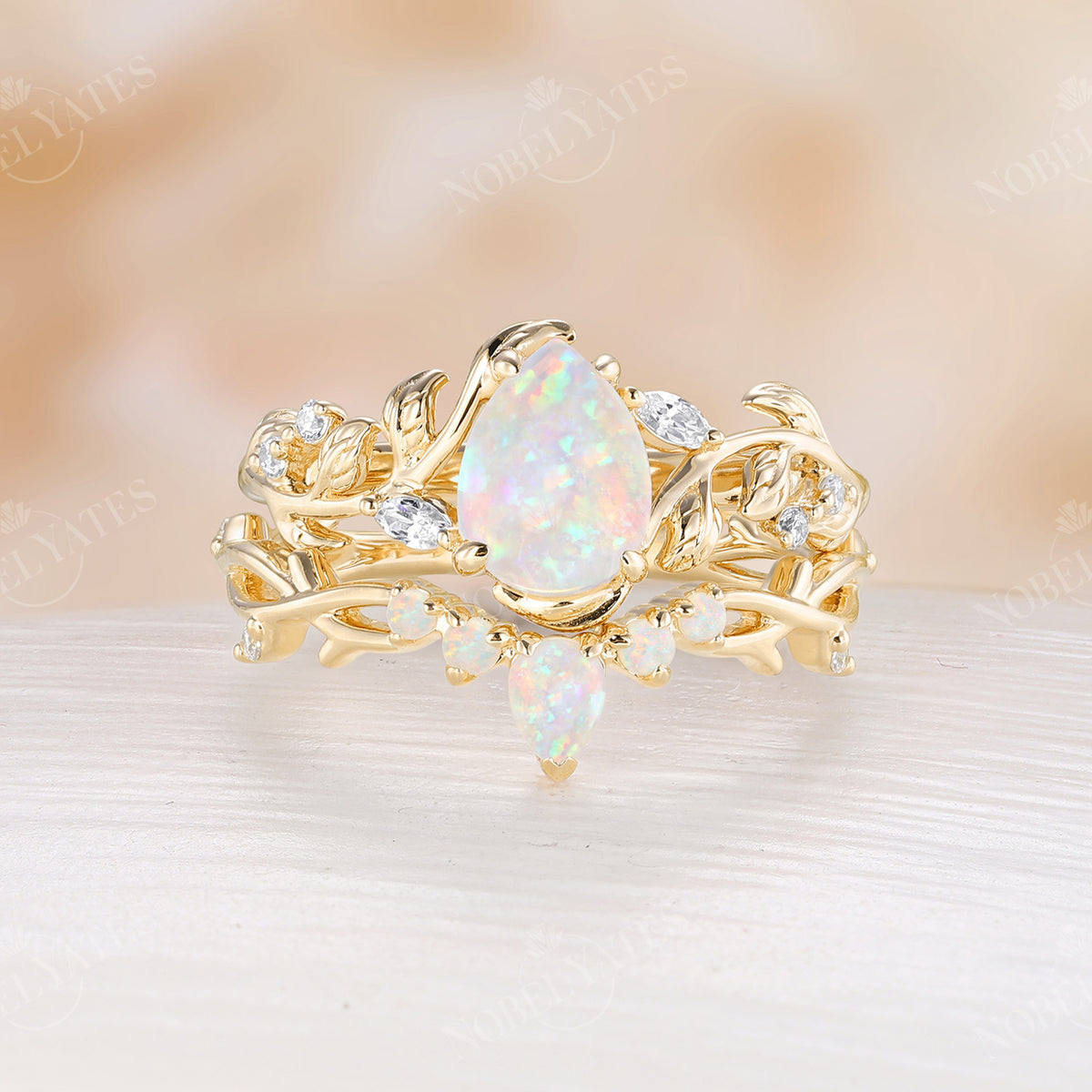 Nature Inspired White Opal Bridal Set Branch Matching Band Rose Gold