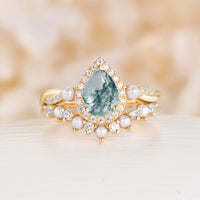 Rose Gold Moss Agate Engagement Ring Set Pearl Matching Band
