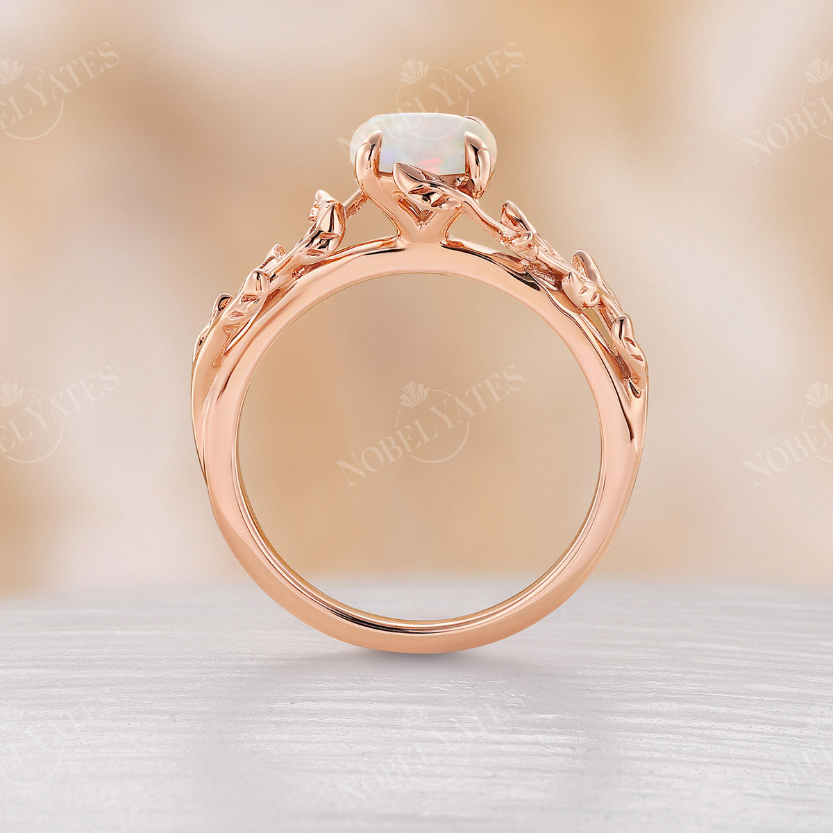 Nature inspired Round White Opal Leaf Engagement Ring Rose Gold