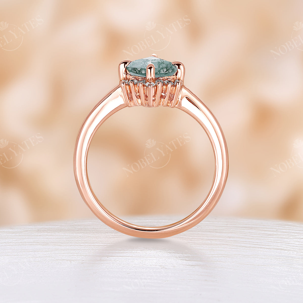 Kite Moss Agate Art Deco Rose Gold Cluster Engagement Ring