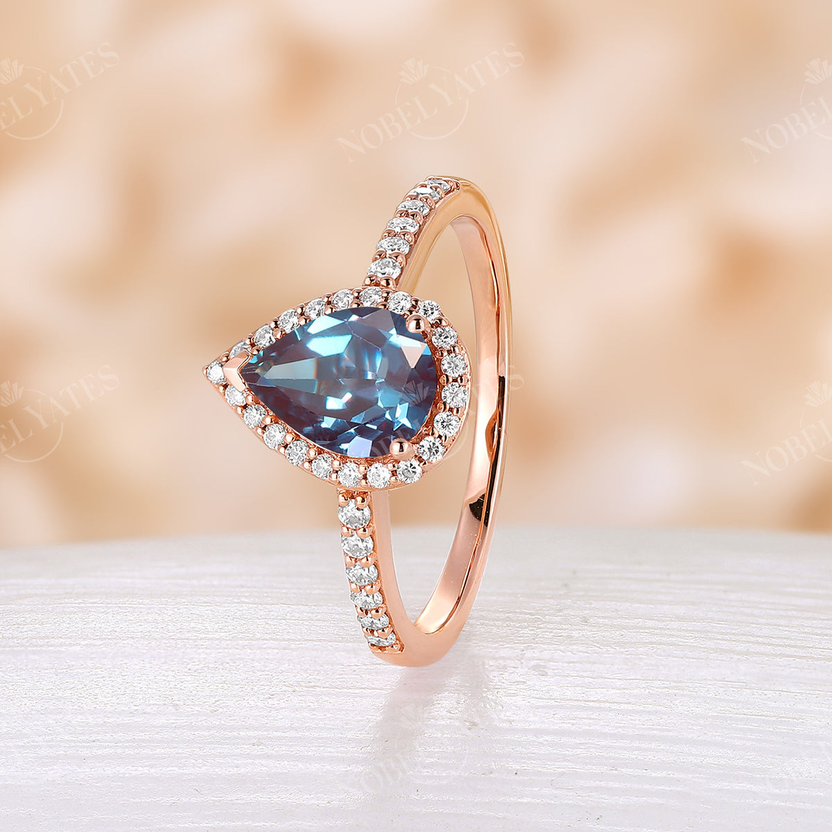 Pear Cut Lab Alexandrite Rose Gold Halo Engagement Ring