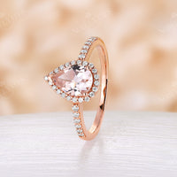 Pear Orange Pink Morganite Rose Gold Halo & Pave Engagement Ring