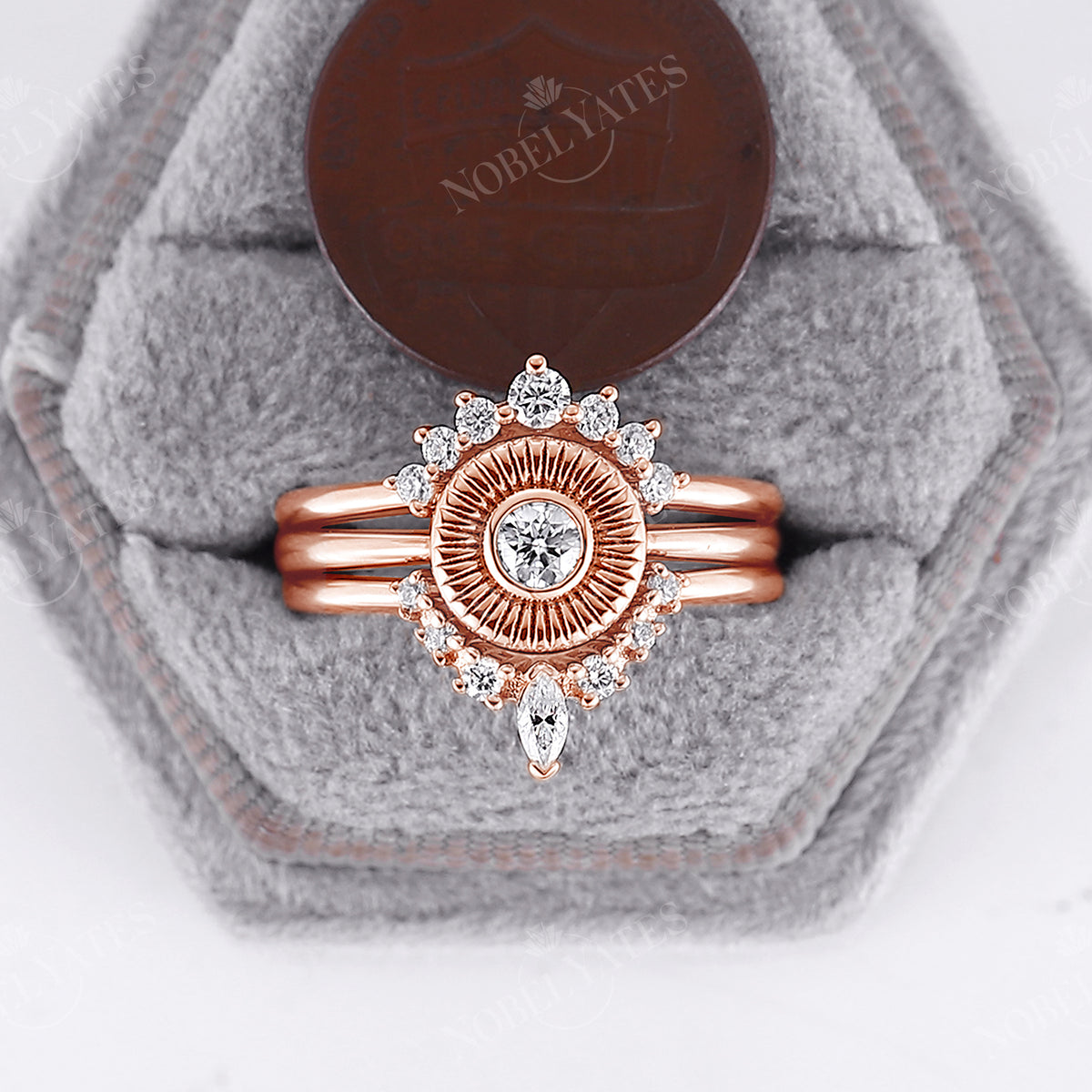 3PCS Round Moissanite Vintage Halo Engagement Ring Set Rose Gold