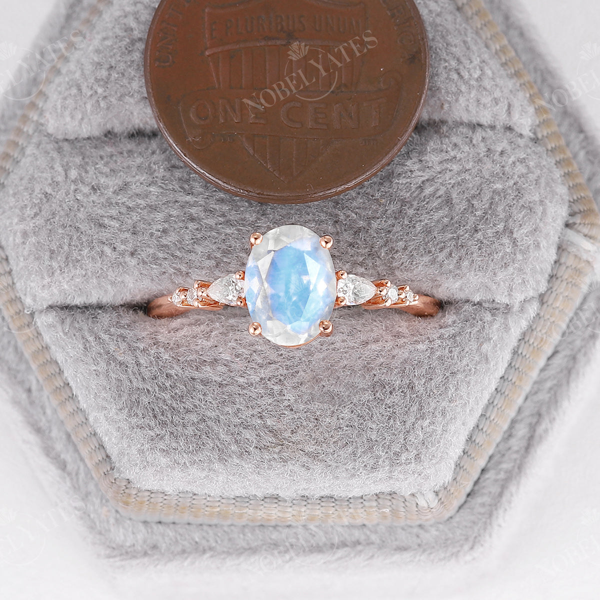 Classic Oval Blue Moonstone Moissanite Side Stone Engagement Ring