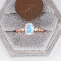 Classic Oval Blue Moonstone Moissanite Side Stone Engagement Ring