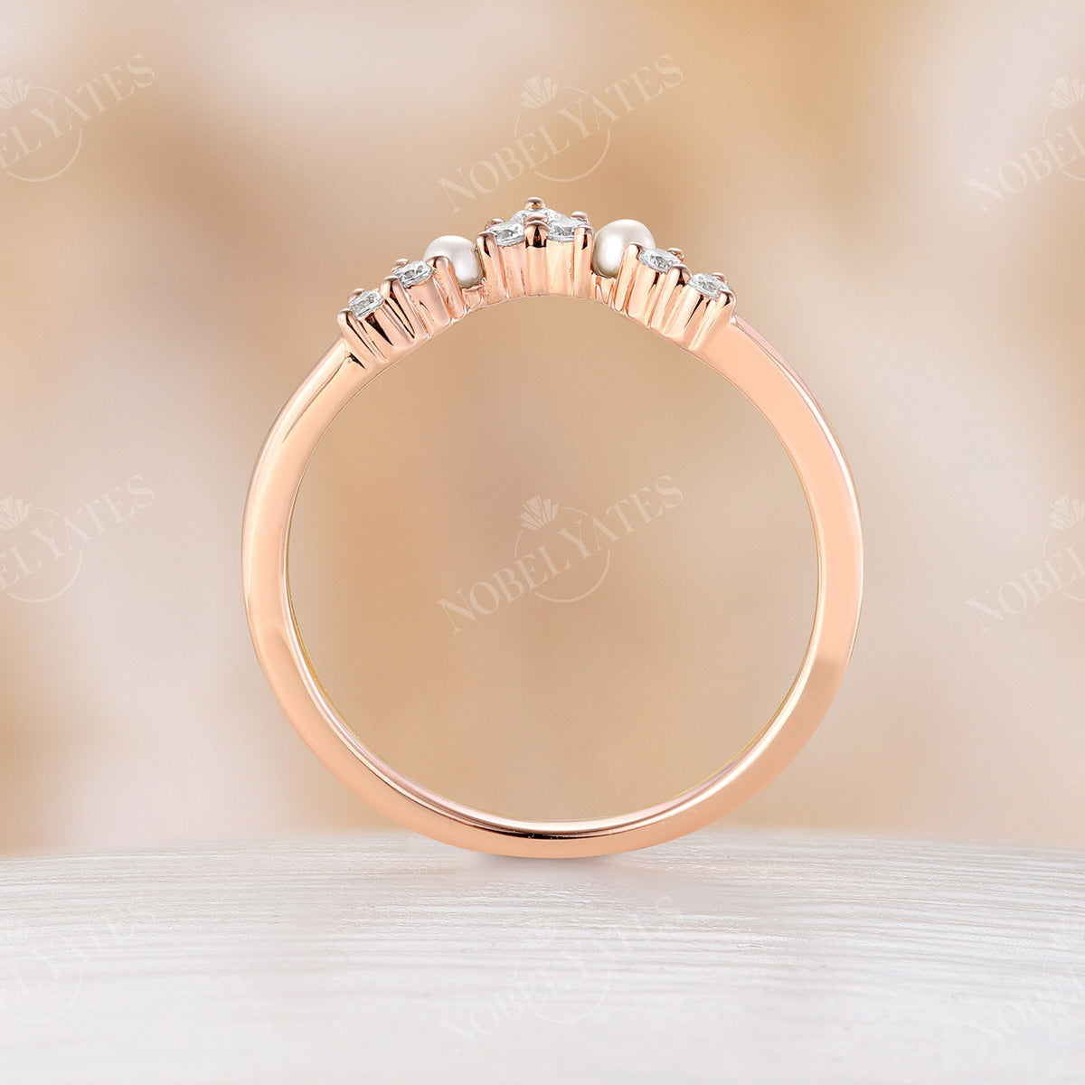 Pearl & Moissanite Curved Matching Wedding Band Rose Gold