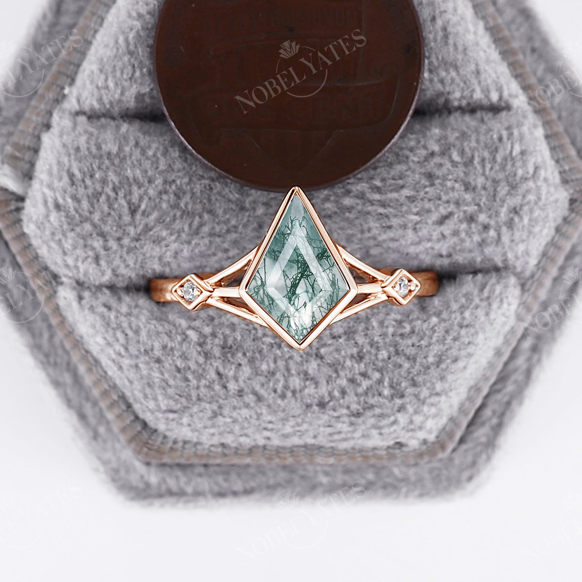 Vintage Kite Cut Moss Agate Engagement Ring Rose Gold