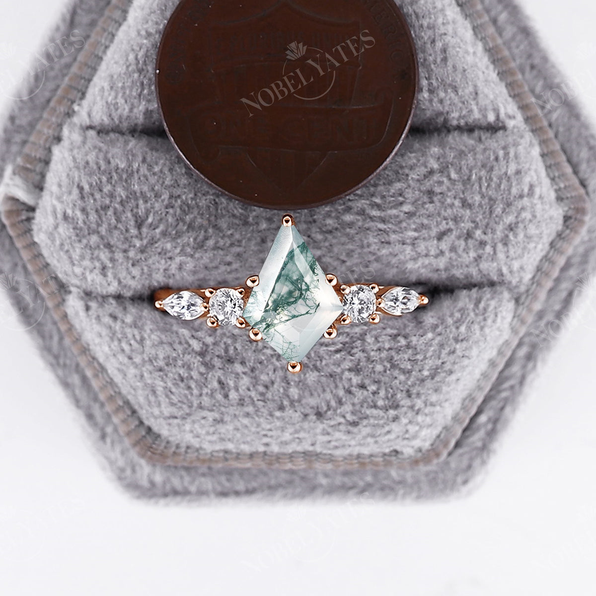 Kite Cut Moss Agate Side Stone Engagement Ring Rose Gold