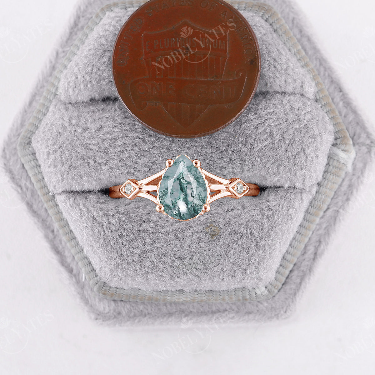 Unique Split Moss Agate Engagement Ring Rose Gold Band