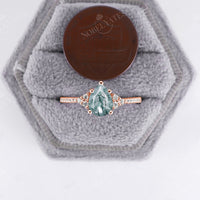 Vintage Pear Cut Moss Agate Pave & Cluster Engagement Ring Rose Gold