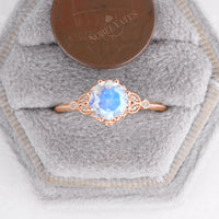 Vintage Round Cut Blue Moonstone Milgrain Leaf Engagement Ring