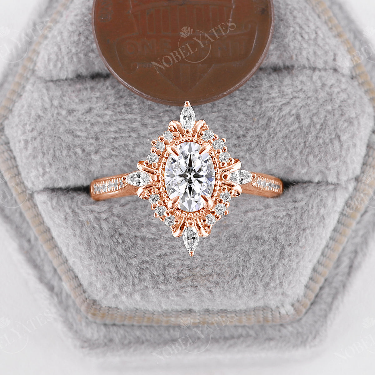 Vintage Oval Cut Moissanite Rose Gold Milgrain Engagement Ring