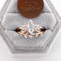 Marquise Shape Moissanite Leaf Bridal Set Side Stone Cluster Ring