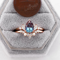 Pear Shape Lab Alexandrite Engagement Ring Set Side Stone Cluster Rose Gold