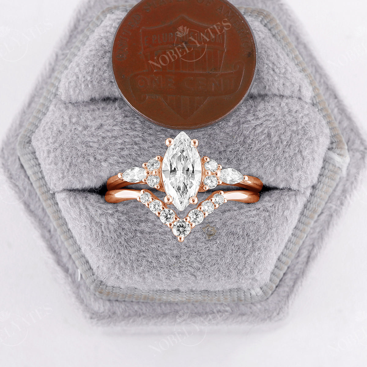 Marquise Moissanite Cluster Side Stones Engagement Ring Set