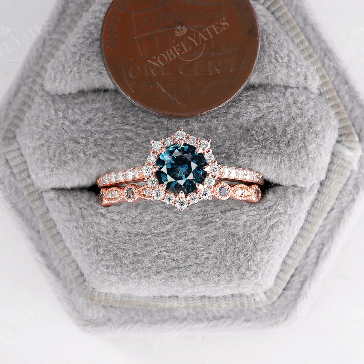 Natural Teal Sapphire Halo Engagement Ring Set Vintage Matching Band