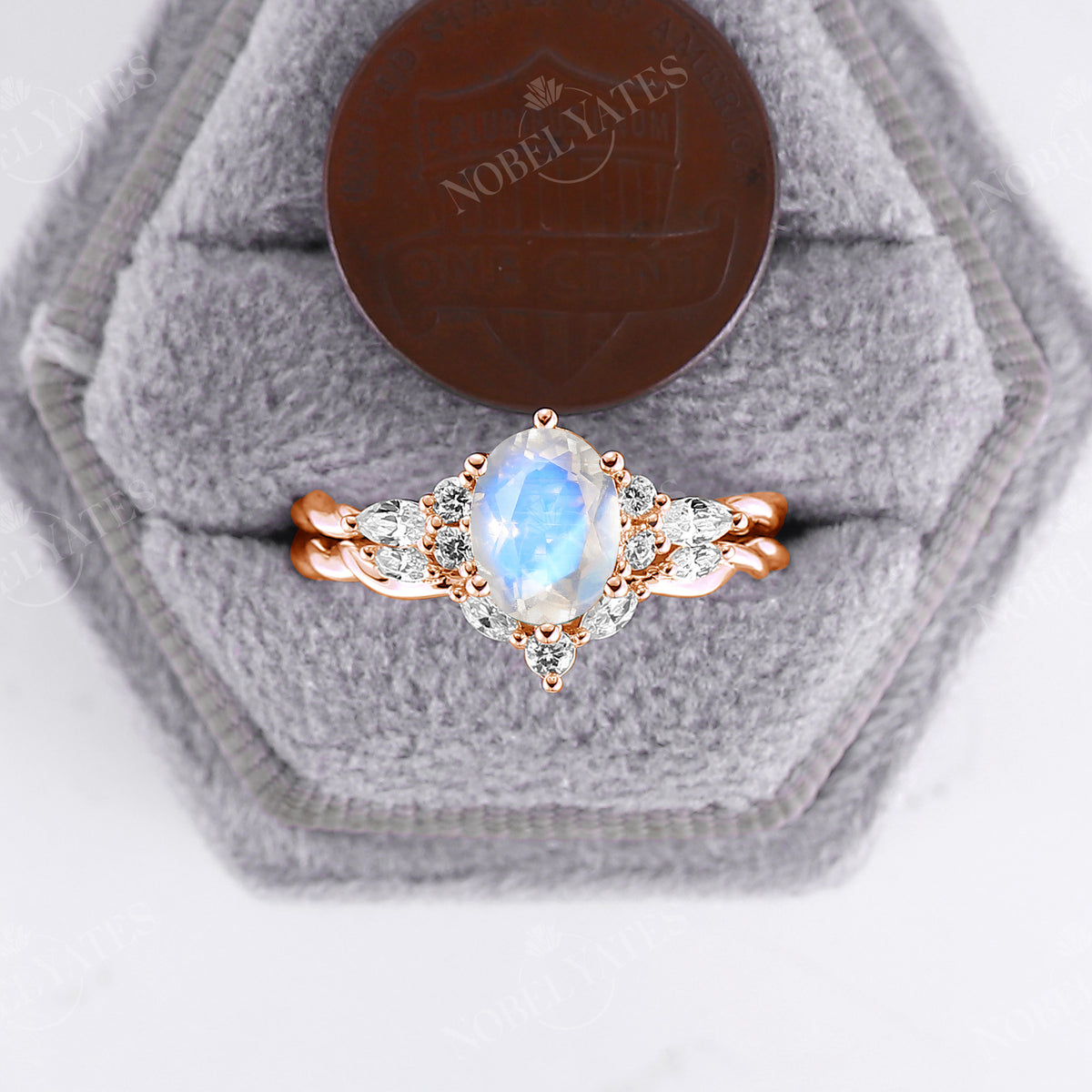 Vintage Oval Cluster Moonstone Rose Gold Twist Engagement Ring