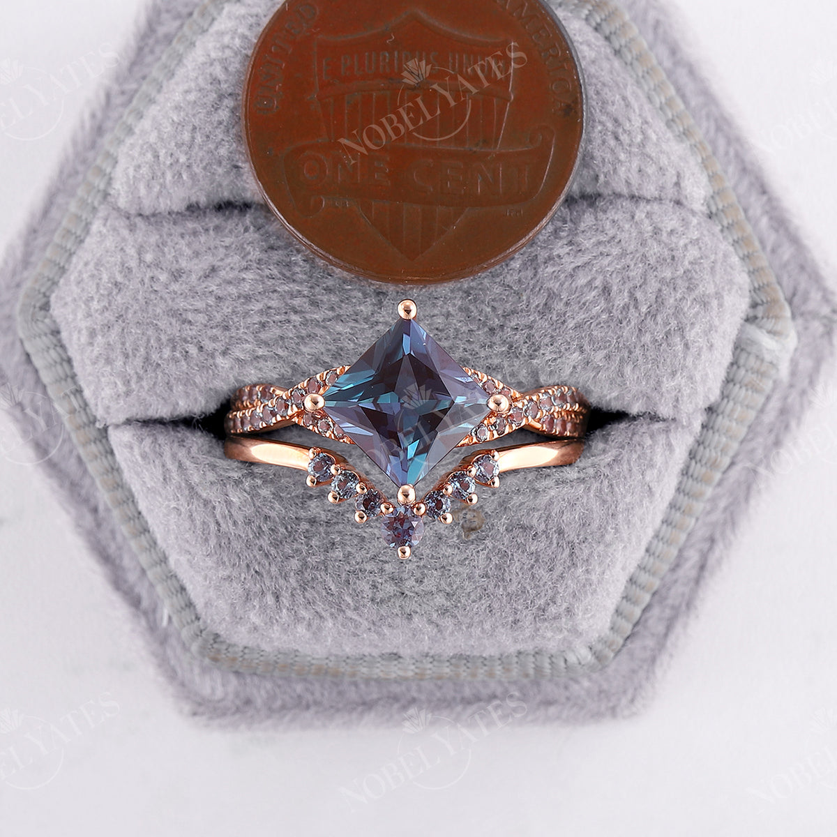 Princess Cut Lab Alexandrite Twist Engagement Ring Set Rose Gold