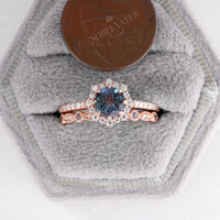 Round Lab Alexandrite Pave Engagement Ring Set Vintage Matching Band