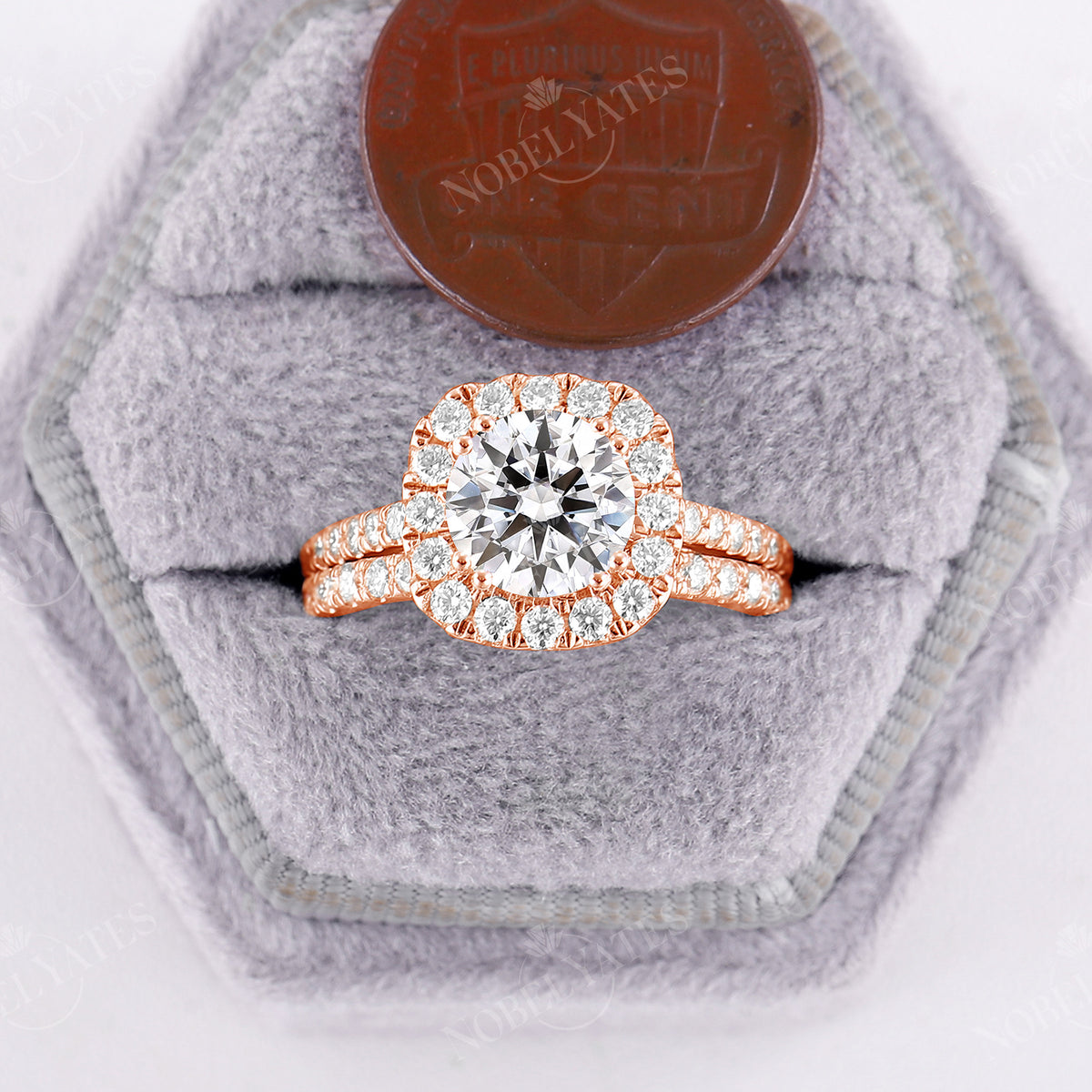 Round Moissanite Halo Engagement Ring Set Rose Gold Band