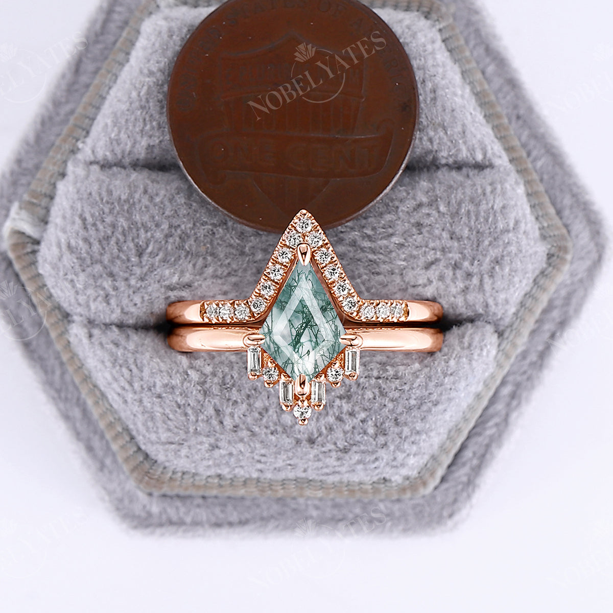 Art Deco Kite Moss Agate Rose Gold Cluster Engagement Ring Set