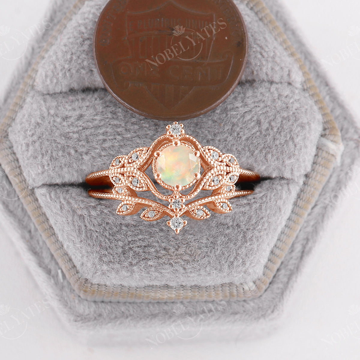 Faced Ethiopian Opal Nature Milgrain Vintage Engagement Ring Set