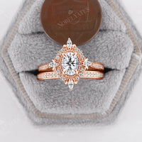 Oval Moissanite Milgrain & Pave Engagement Ring Set Rose Gold