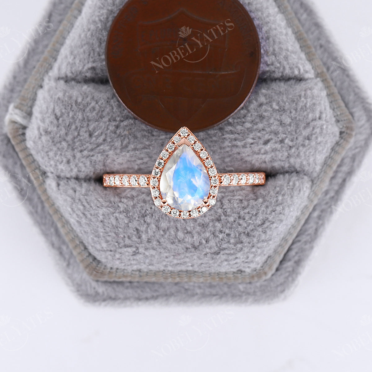 Vintage Pear Shape Moonstone Rose Gold Pave & Halo Engagement Ring