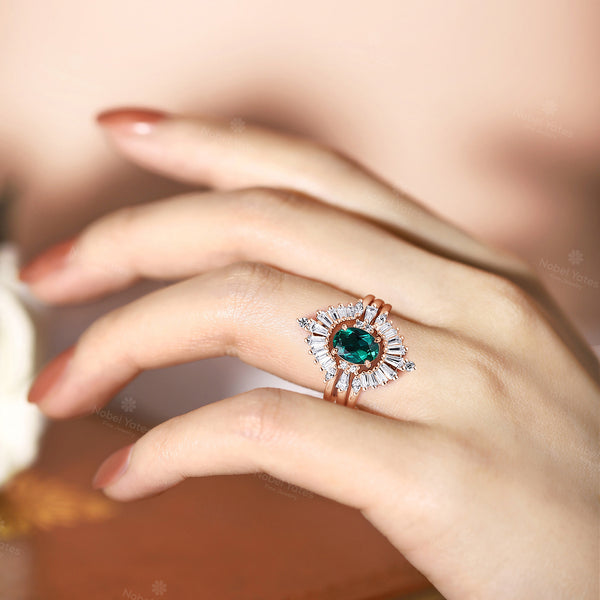 Art Deco Oval Lab Emerald Engagement Ring Set Yellow Gold Diamond Halo